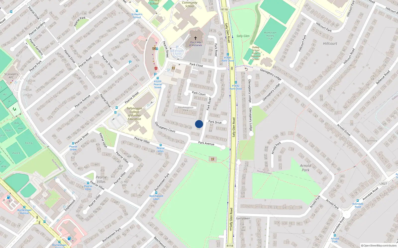 Overhead map showing the location of 3 Park Road, Glenageary
