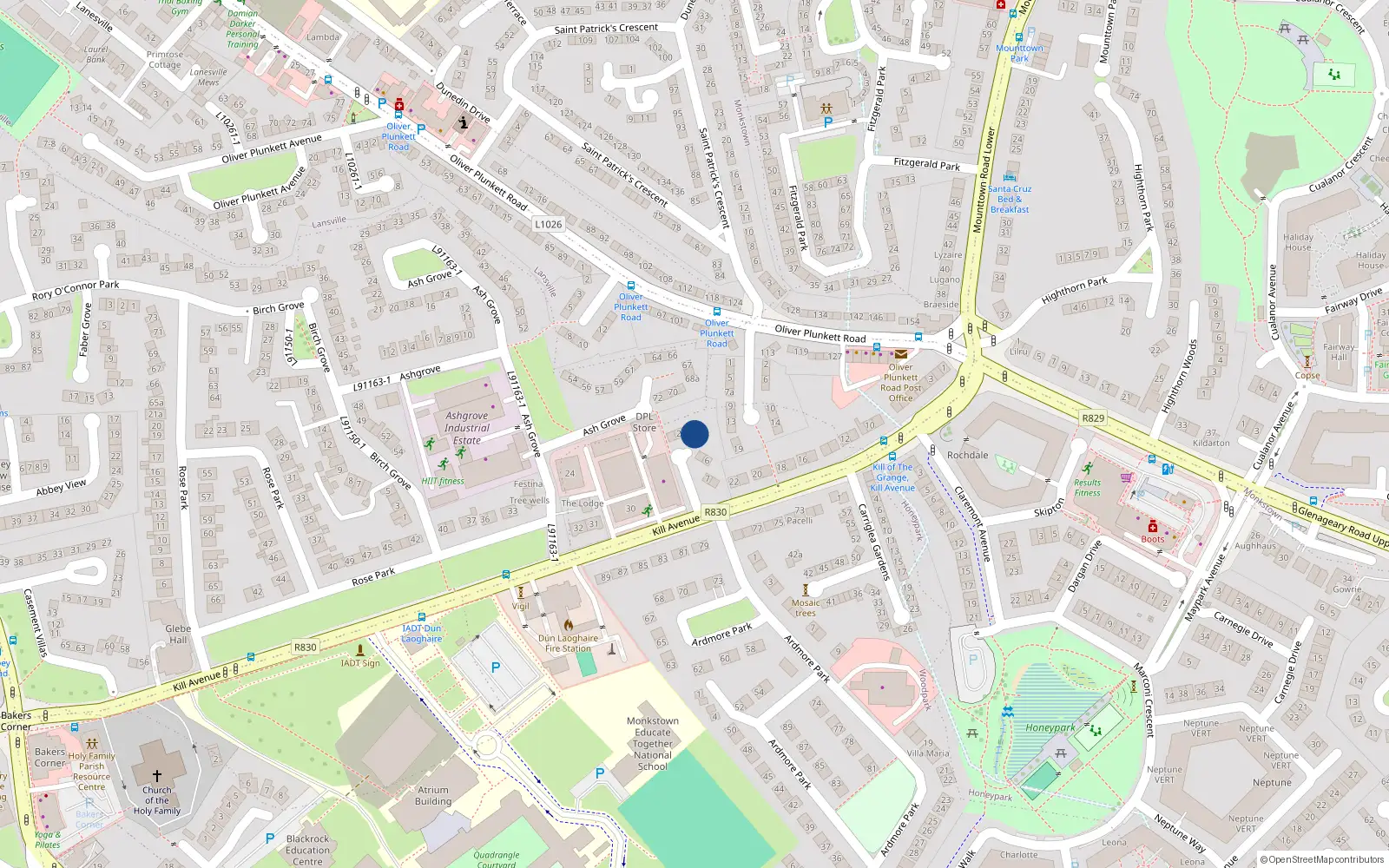 Overhead map showing the location of 3 Patrician Park, Kill Avenue, Dun Laoghaire