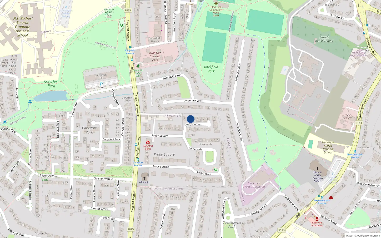 Overhead map showing the location of 3 Proby Garden, Blackrock, Dublin