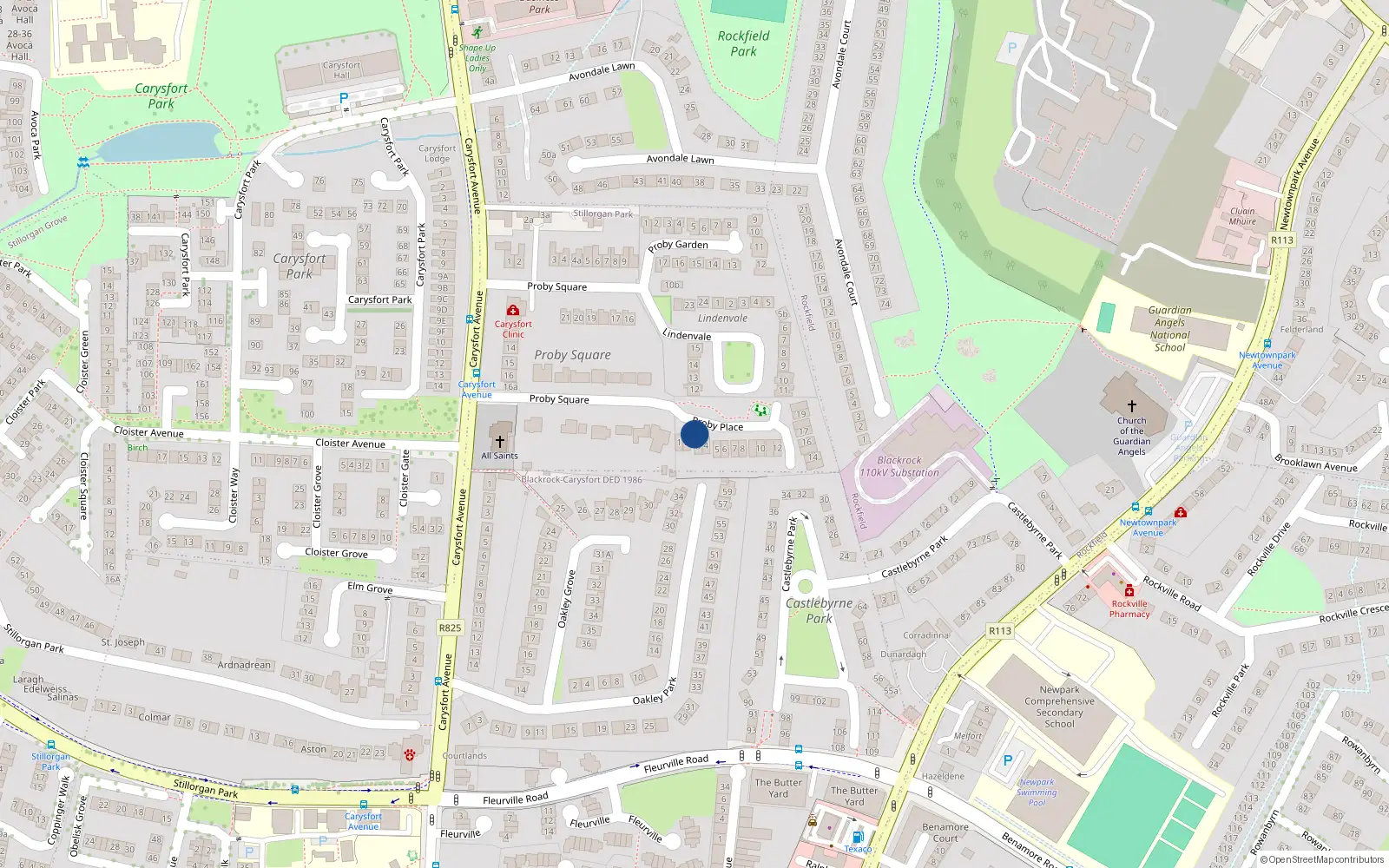 Overhead map showing the location of 3 Proby Place, Blackrock