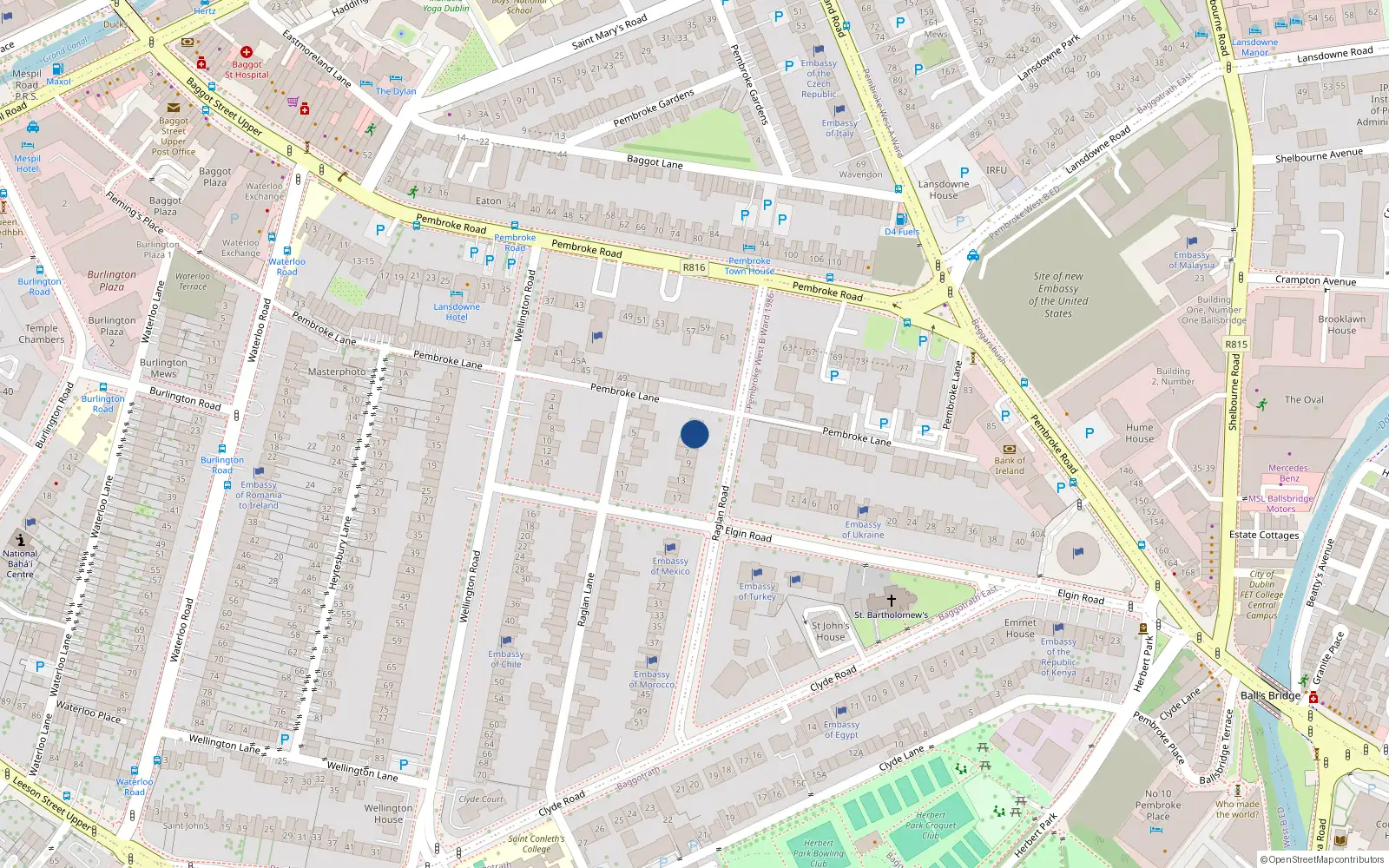 Overhead map showing the location of 3 Raglan Road, Dublin