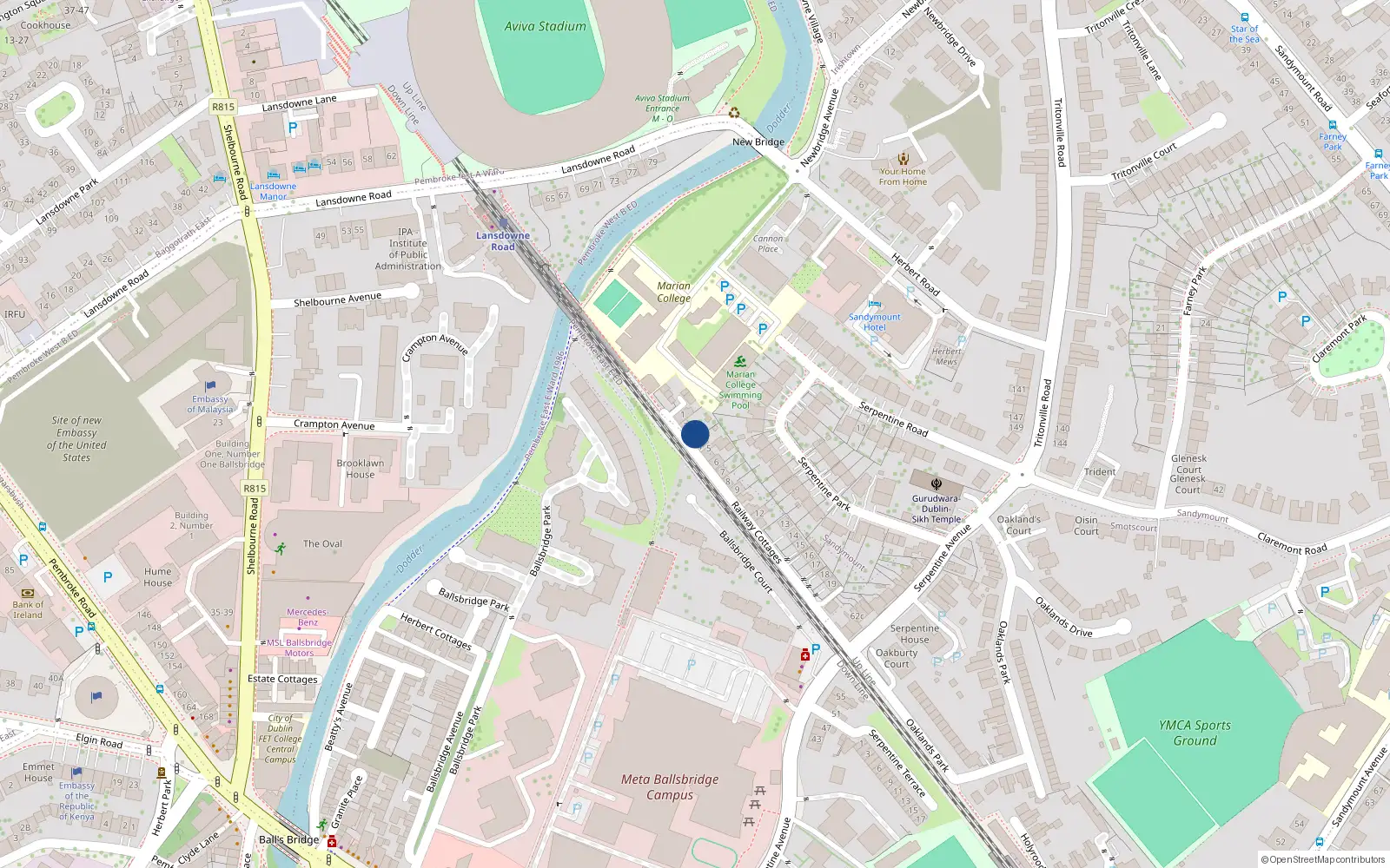 Overhead map showing the location of 3 Railway Cottages, Sandymount