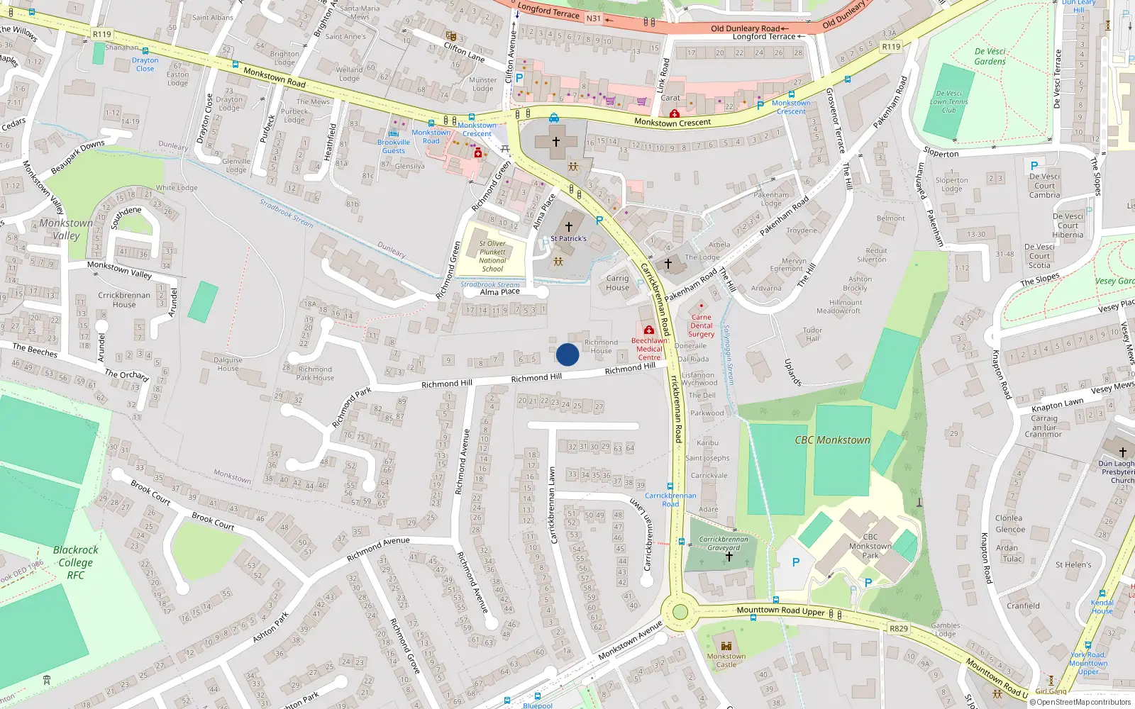 Overhead map showing the location of 3 Richmond Hill, Monkstown