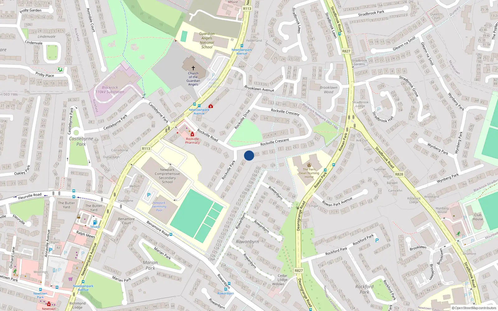 Overhead map showing the location of 3 Rockville Crescent, Blackrock