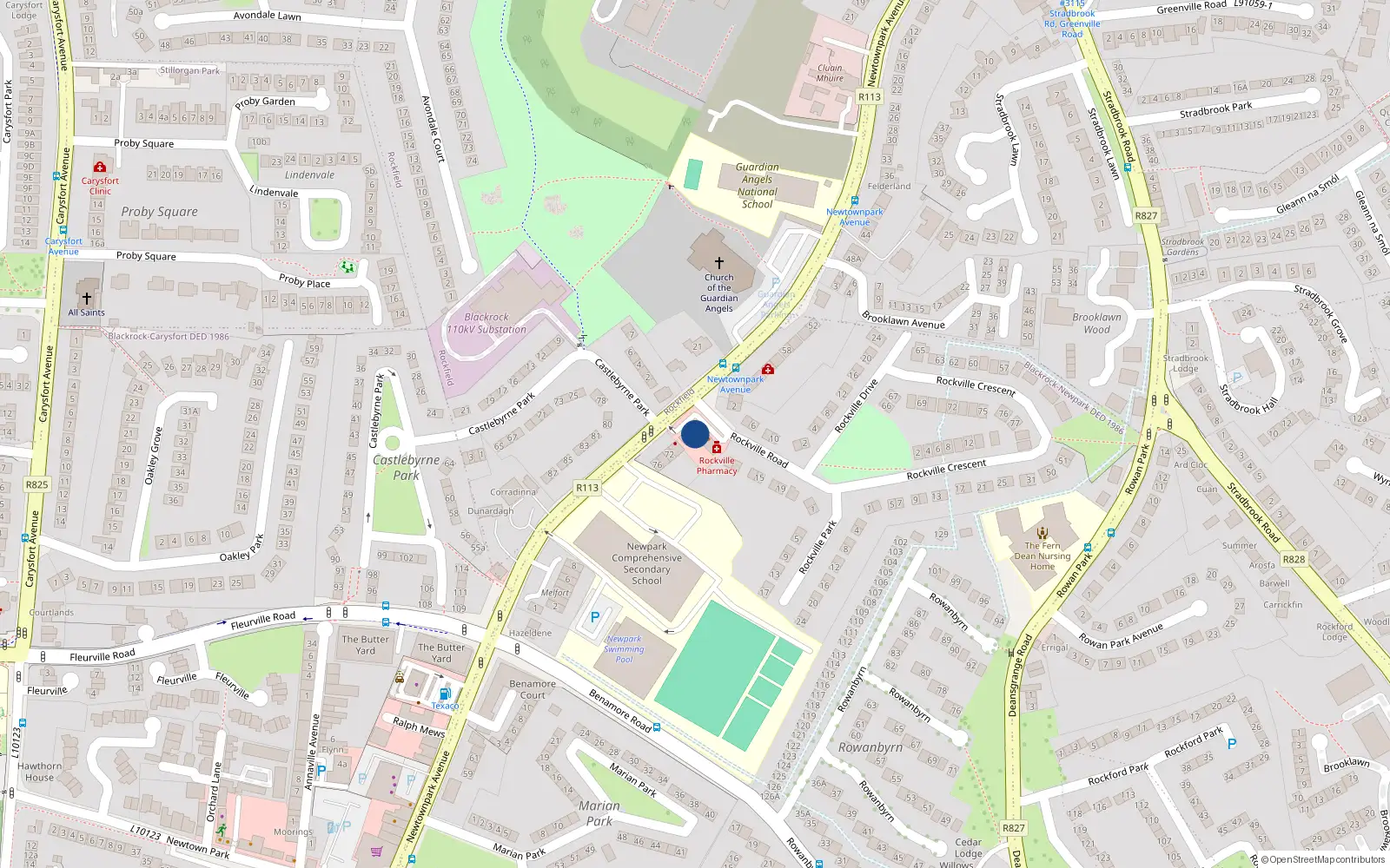 Overhead map showing the location of 3 Rockville Road, Blackrock, Dublin