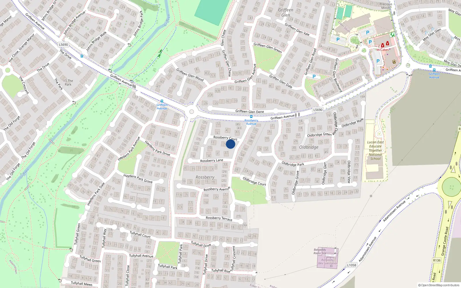 Overhead map showing the location of 3 Rossberry Court, Lucan