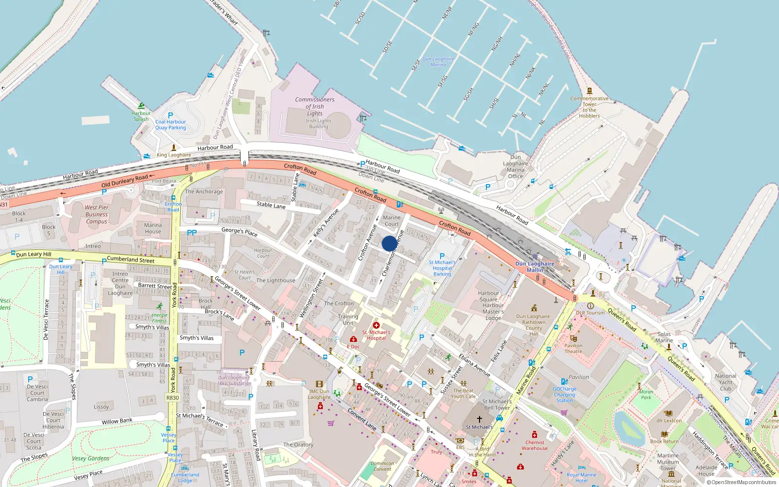 Overhead map showing the location of 3 Ruby Hall, Crofton Avenue, Dun Laoghaire