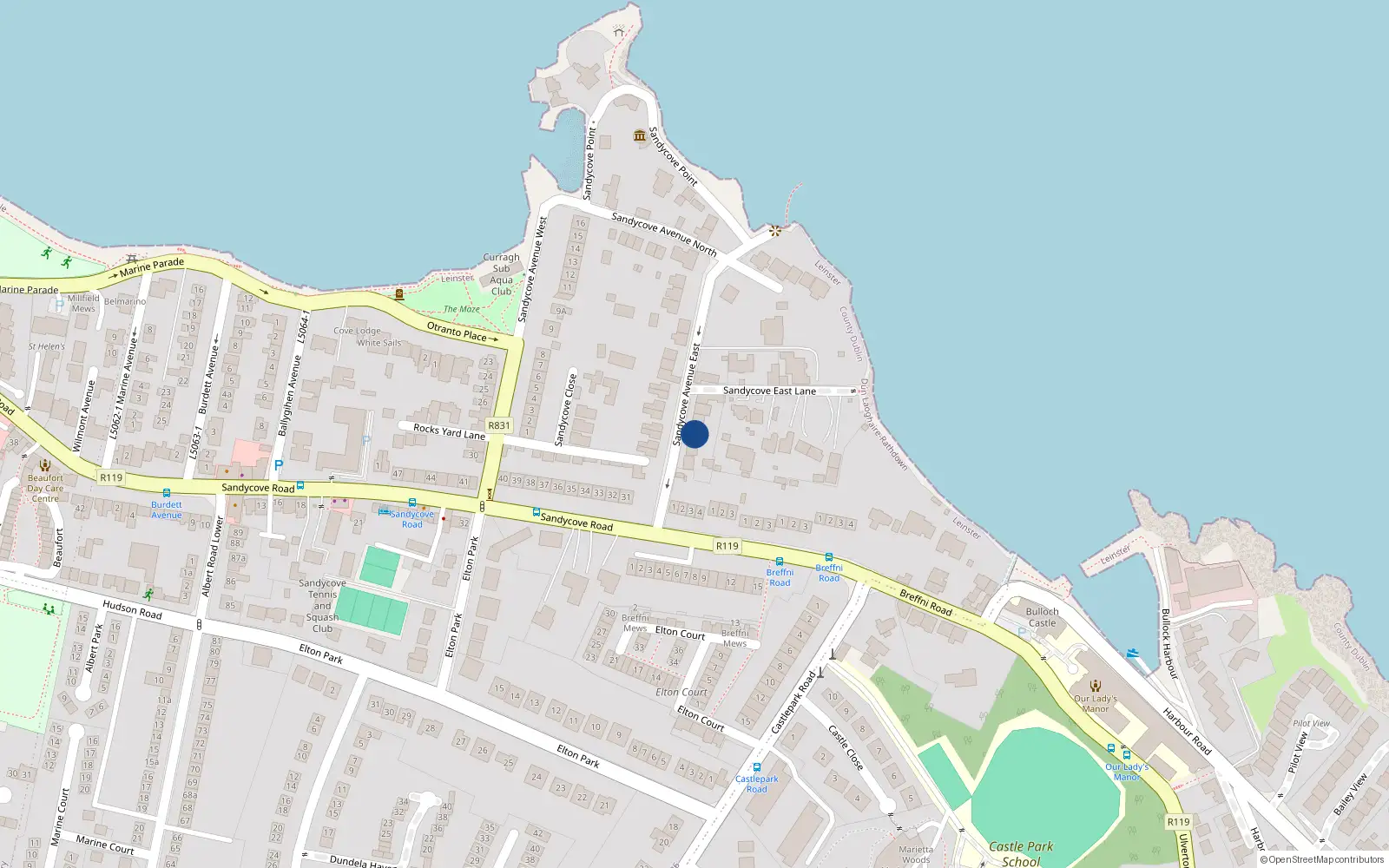 Overhead map showing the location of 3 Sandycove Avenue East, Dun Laoghaire, Dublin