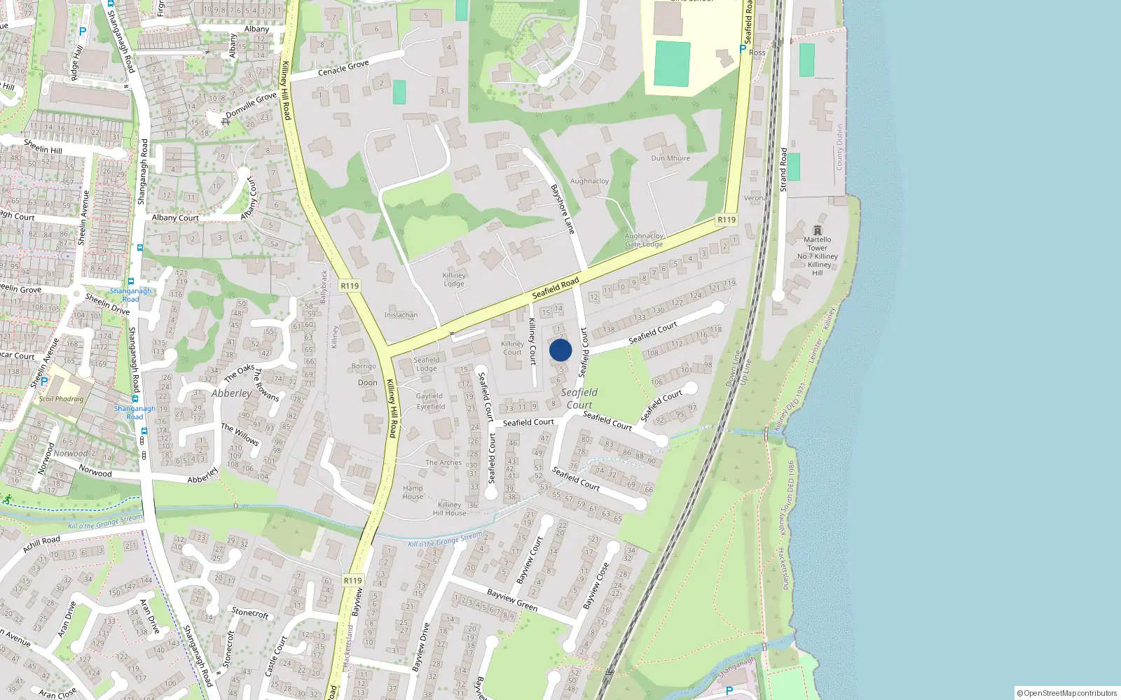 Overhead map showing the location of 3 Seafield Court, Killiney