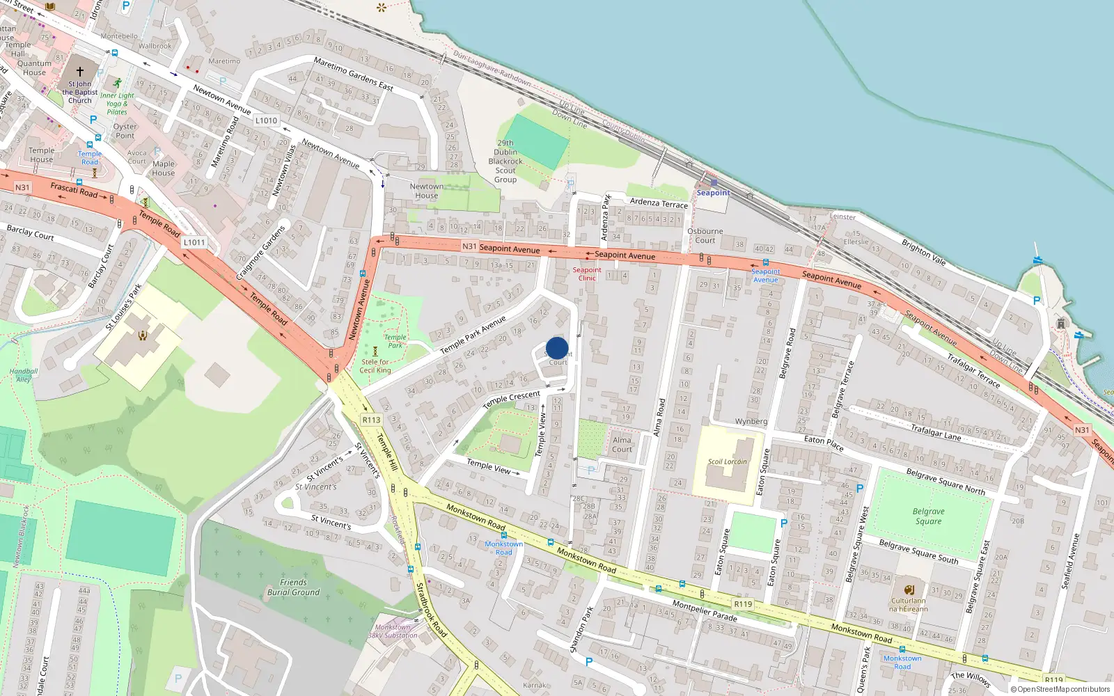 Overhead map showing the location of 3 Seapoint Court, Temple Crescent, Monkstown