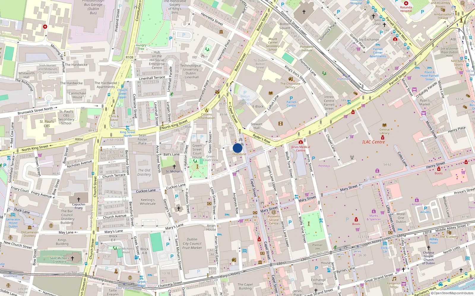 Overhead map showing the location of 104 Capel Street, Dublin 1