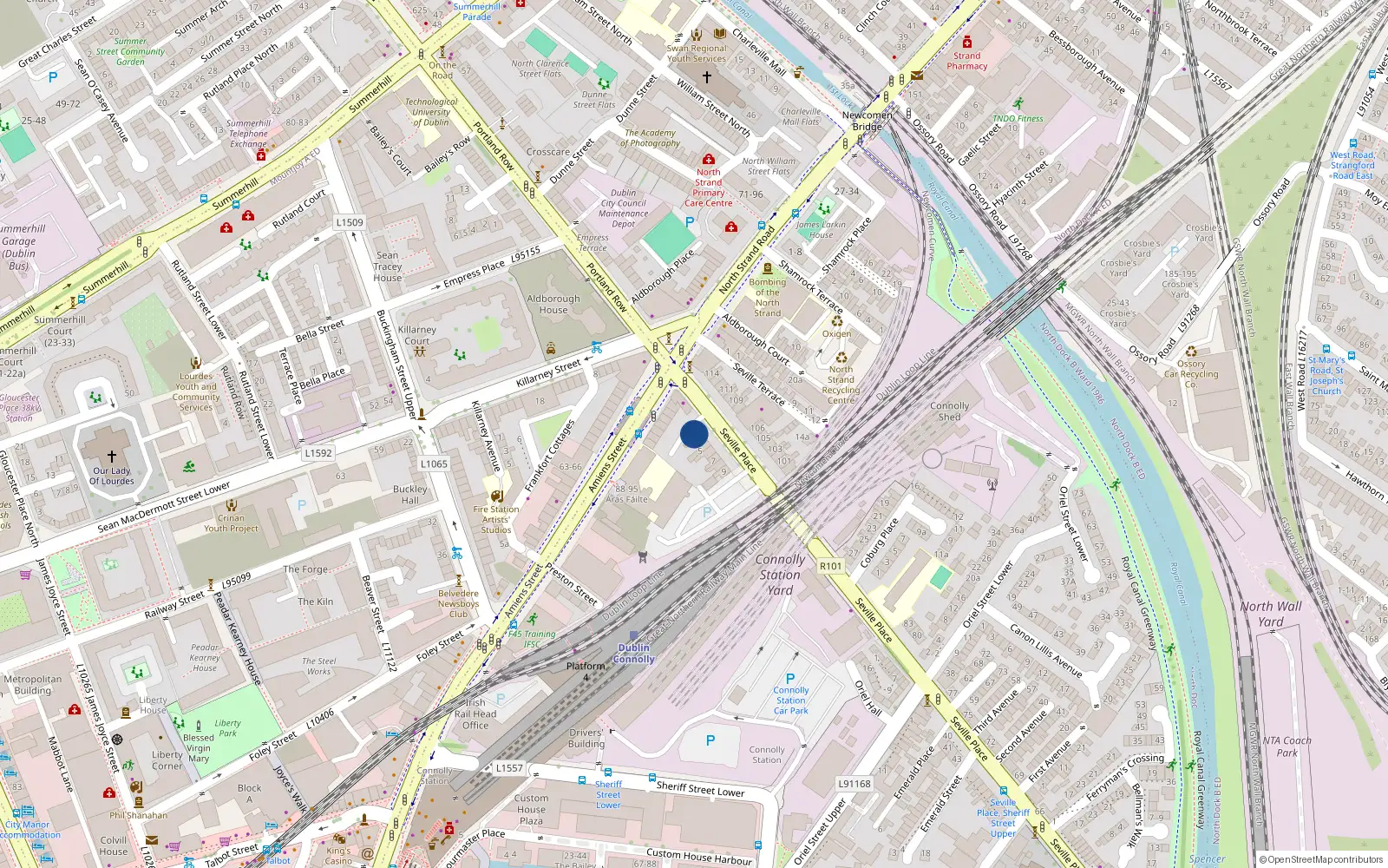 Overhead map showing the location of 3 Seville Place, Dublin 1