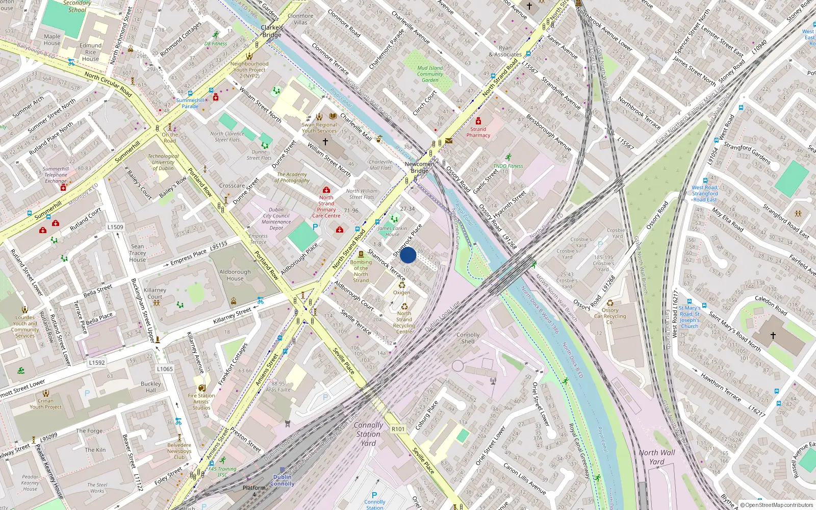 Overhead map showing the location of 3 Shamrock Cottages, North Strand, Dublin 1