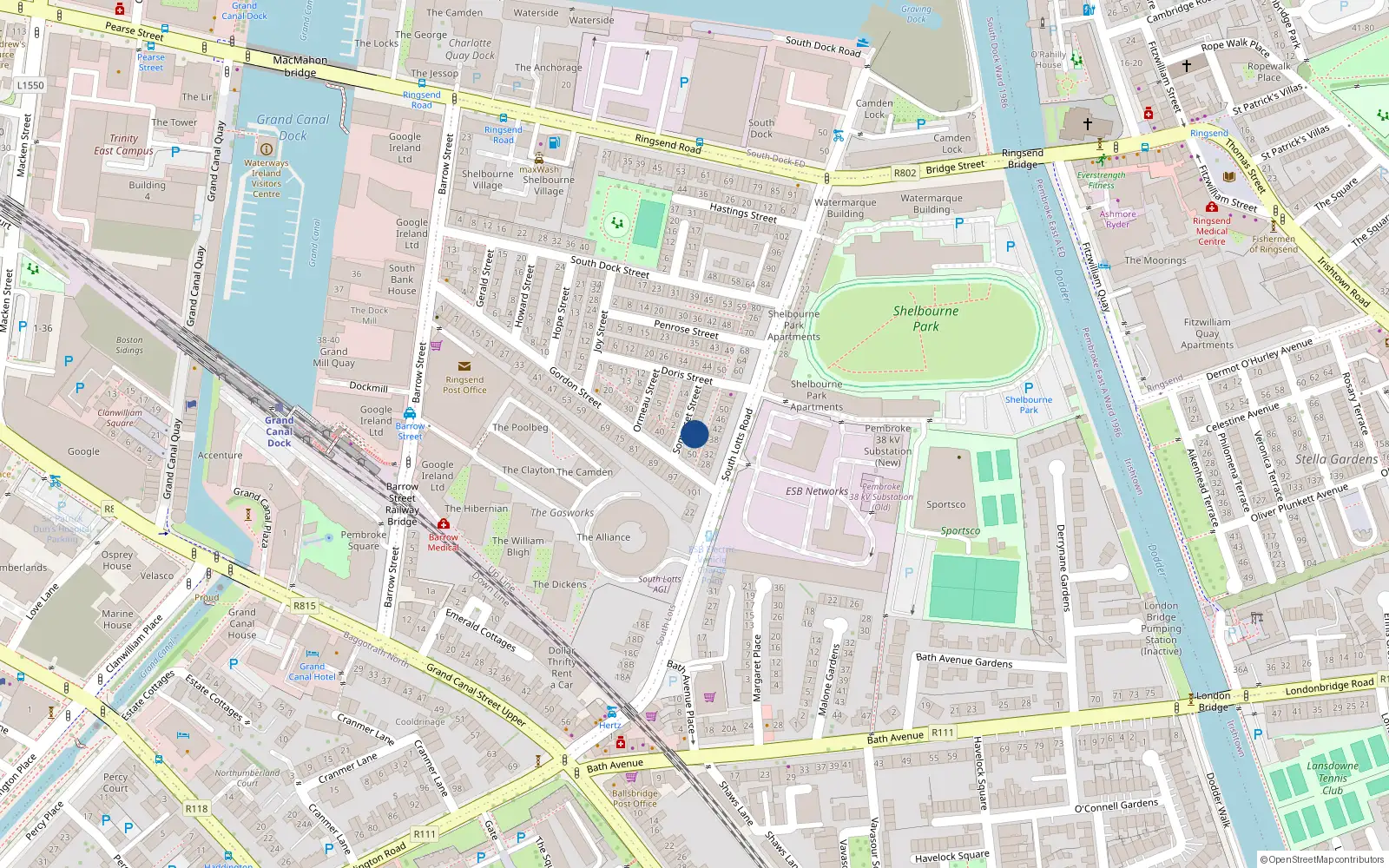 Overhead map showing the location of 3 Somerset Street, Dublin 4
