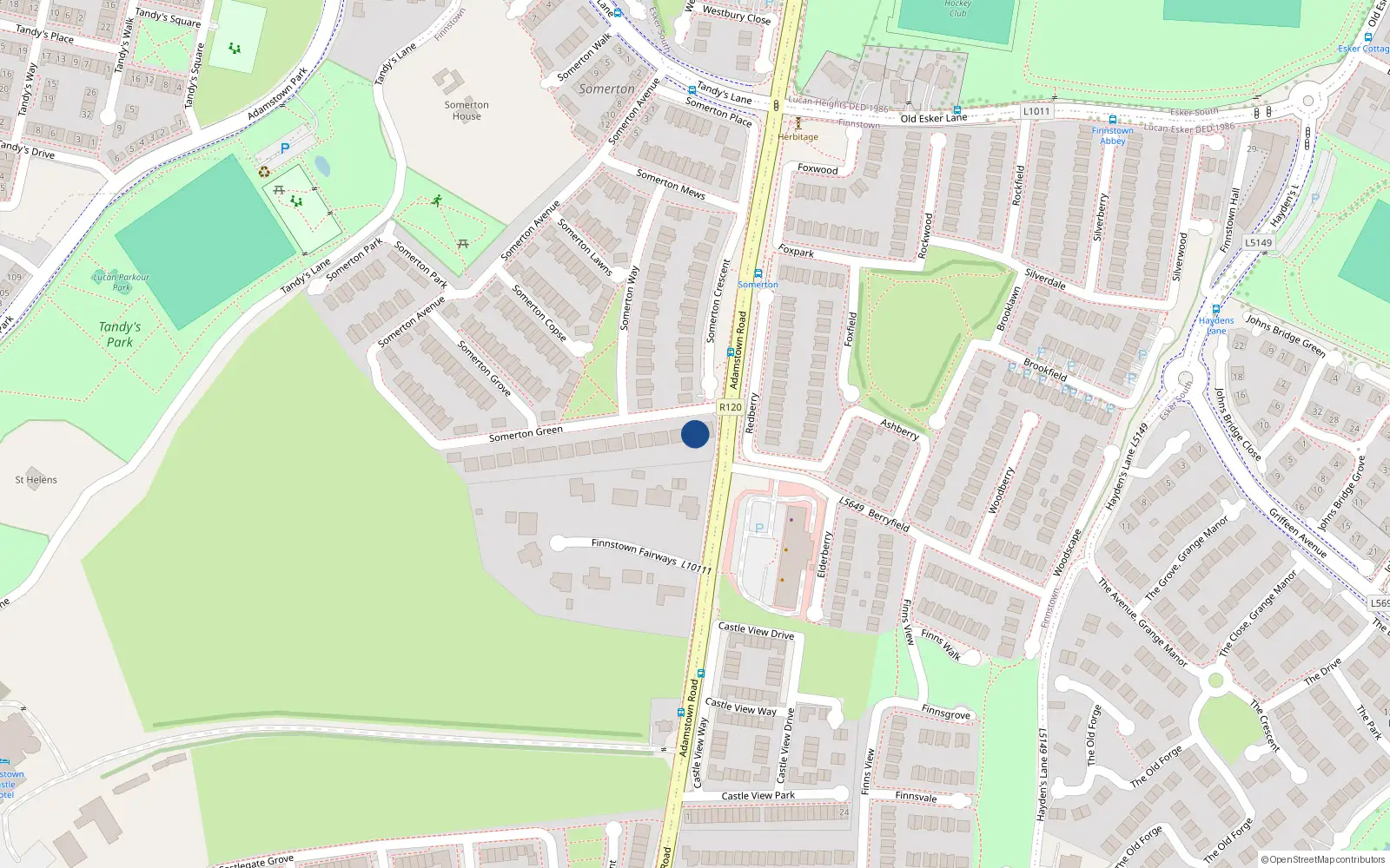 Overhead map showing the location of 3 Somerton Green, Finnstown