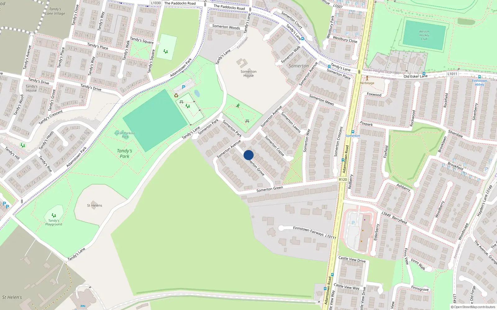 Overhead map showing the location of 3 Somerton Grove, Finnstown