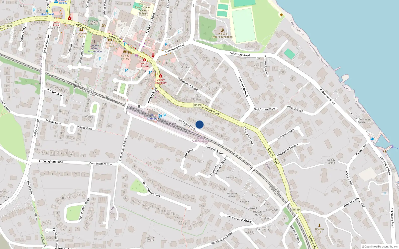 Overhead map showing the location of 3 Sorrento Drive, Dalkey, Dublin