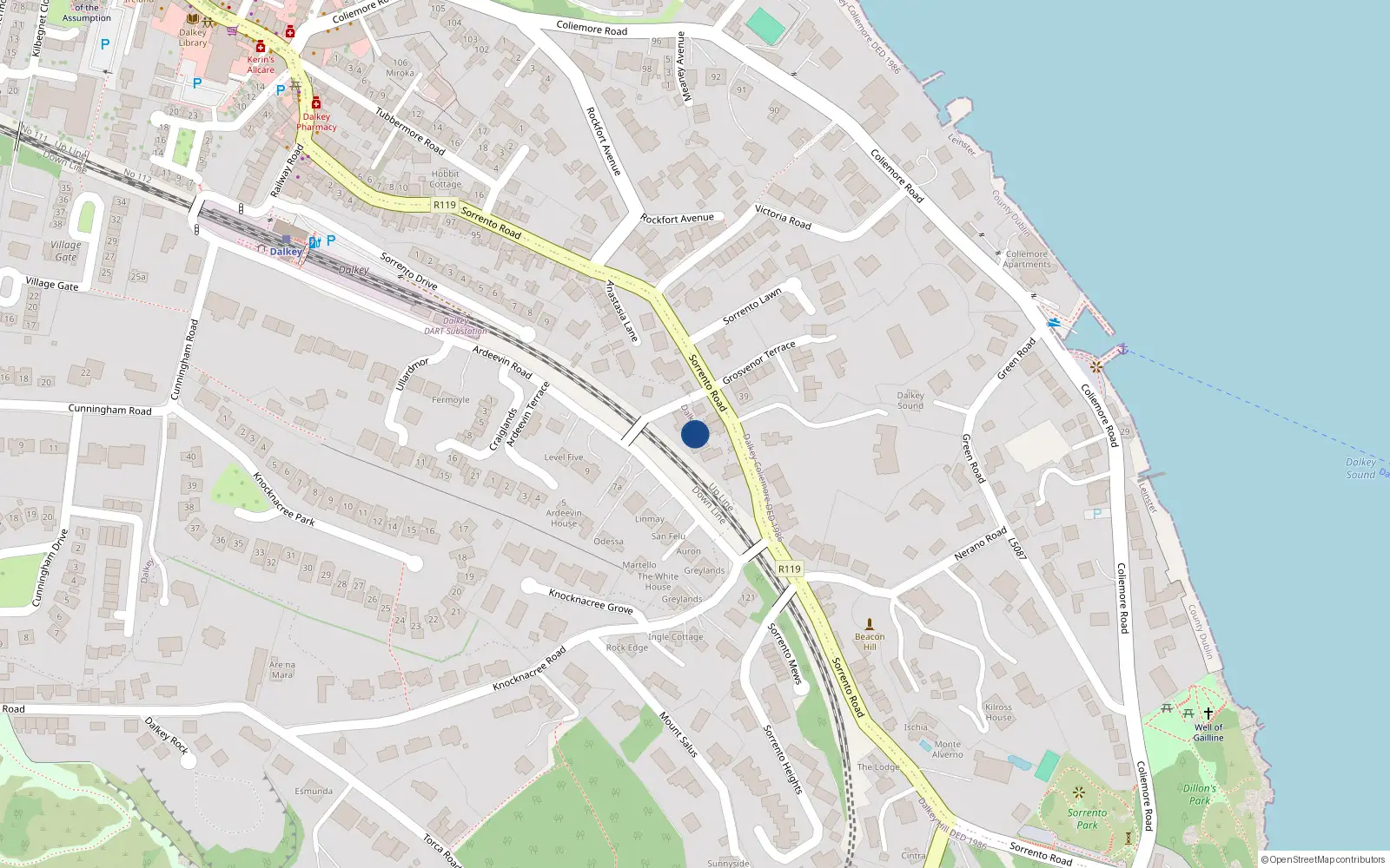 Overhead map showing the location of 3 Sorrento Road, Dalkey