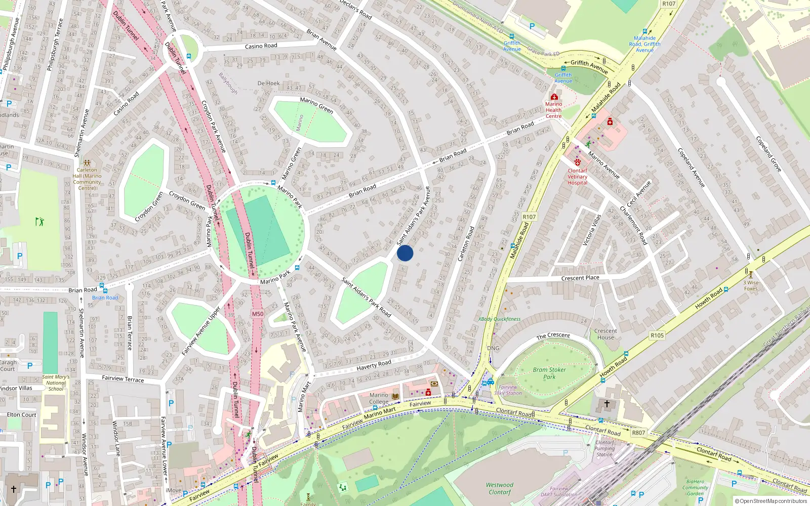 Overhead map showing the location of 3 St Aidans Park Avenue, Marino, Dublin 3