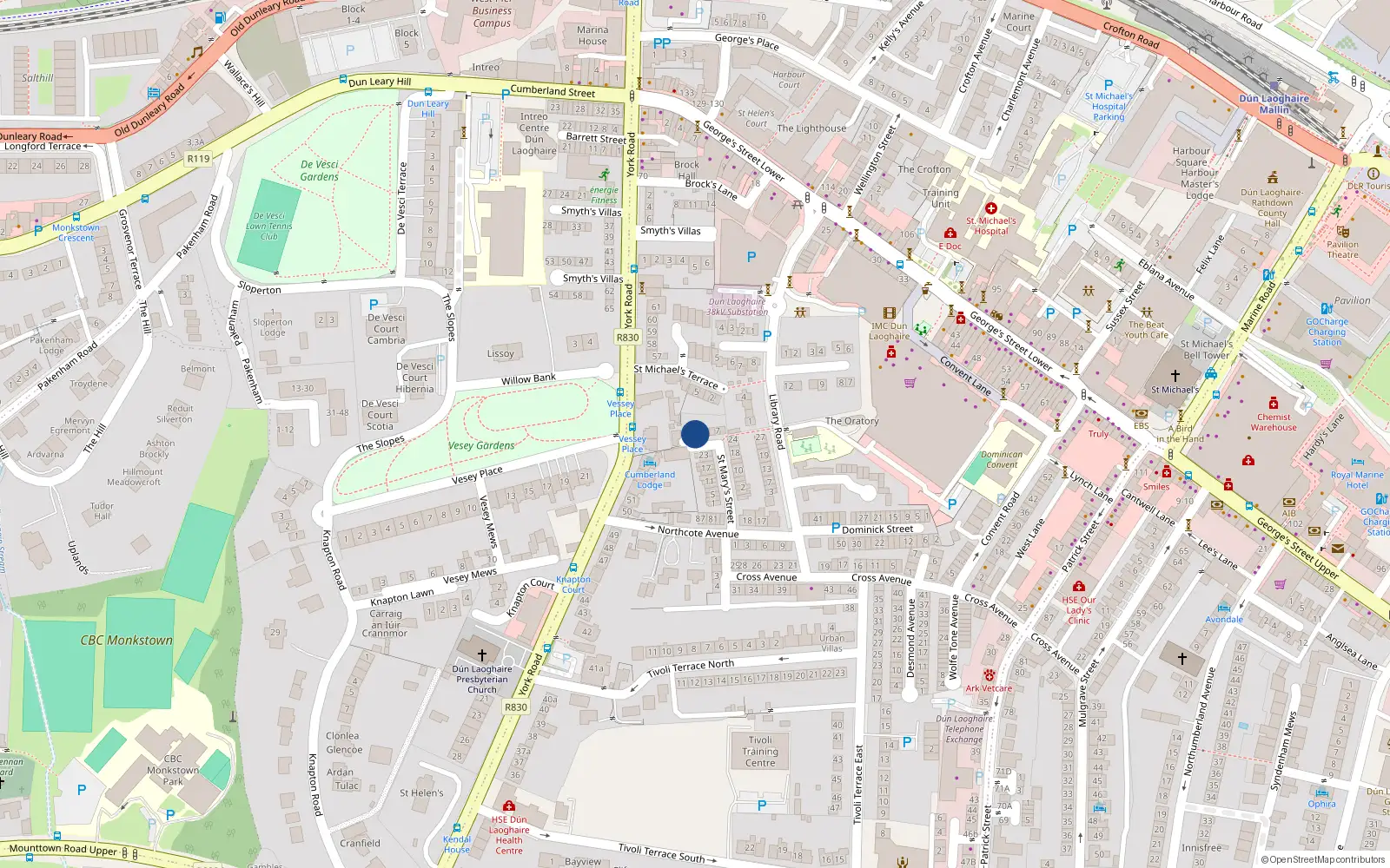 Overhead map showing the location of 3 St Brendans Terrace, Dun Laoghaire, Dublin