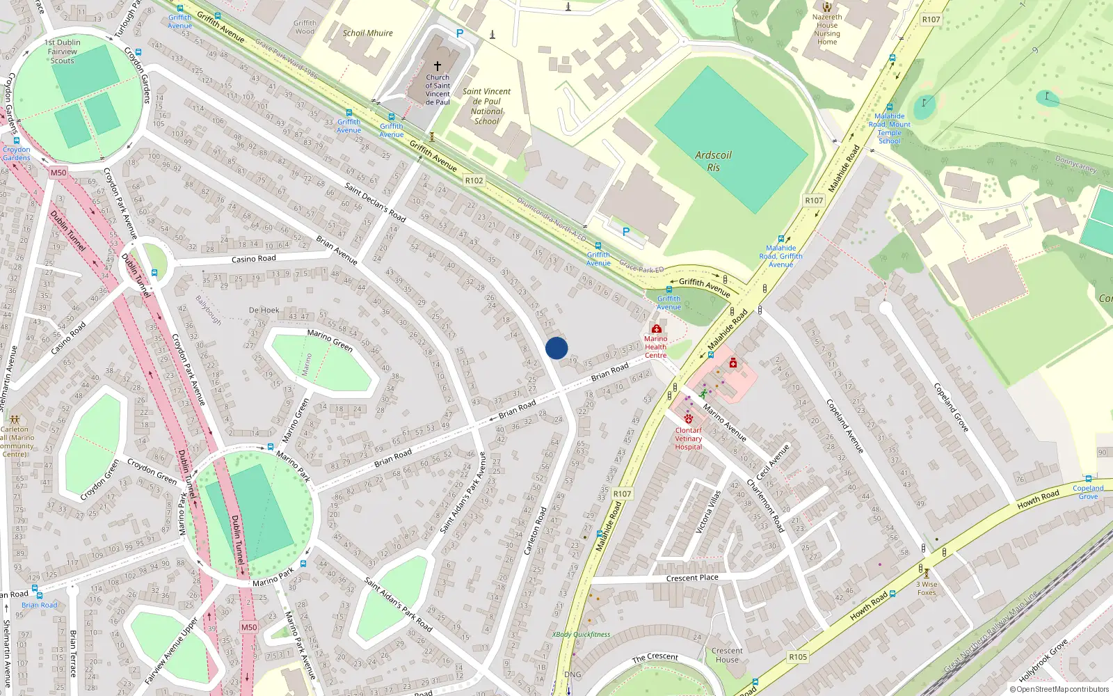 Overhead map showing the location of 3 St Declan's Road, Marino, Dublin 3