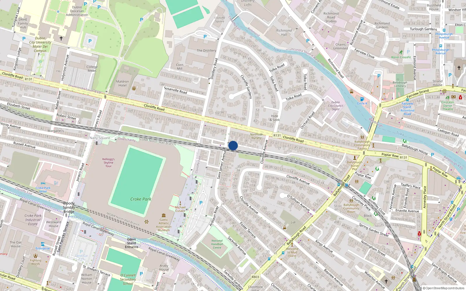 Overhead map showing the location of 3 St Jamess Avenue, Clonliffe Road, Drumcondra Dublin 3