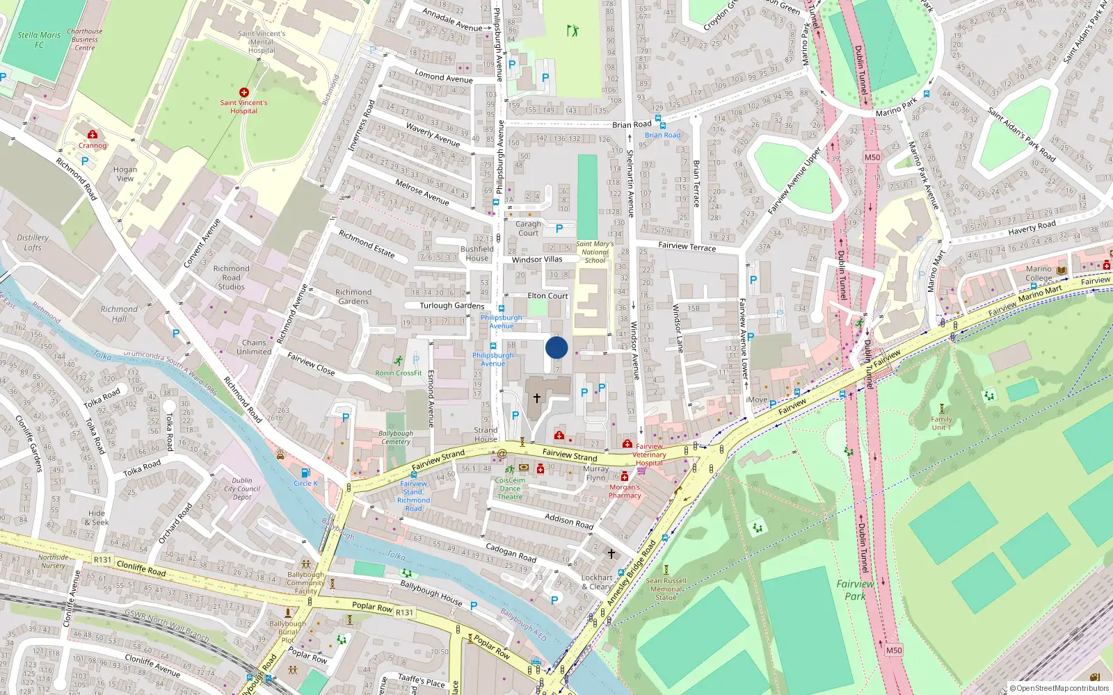 Overhead map showing the location of 3 St Josephs Terrace, Philipsburgh Avenue, Fairview Dublin 3