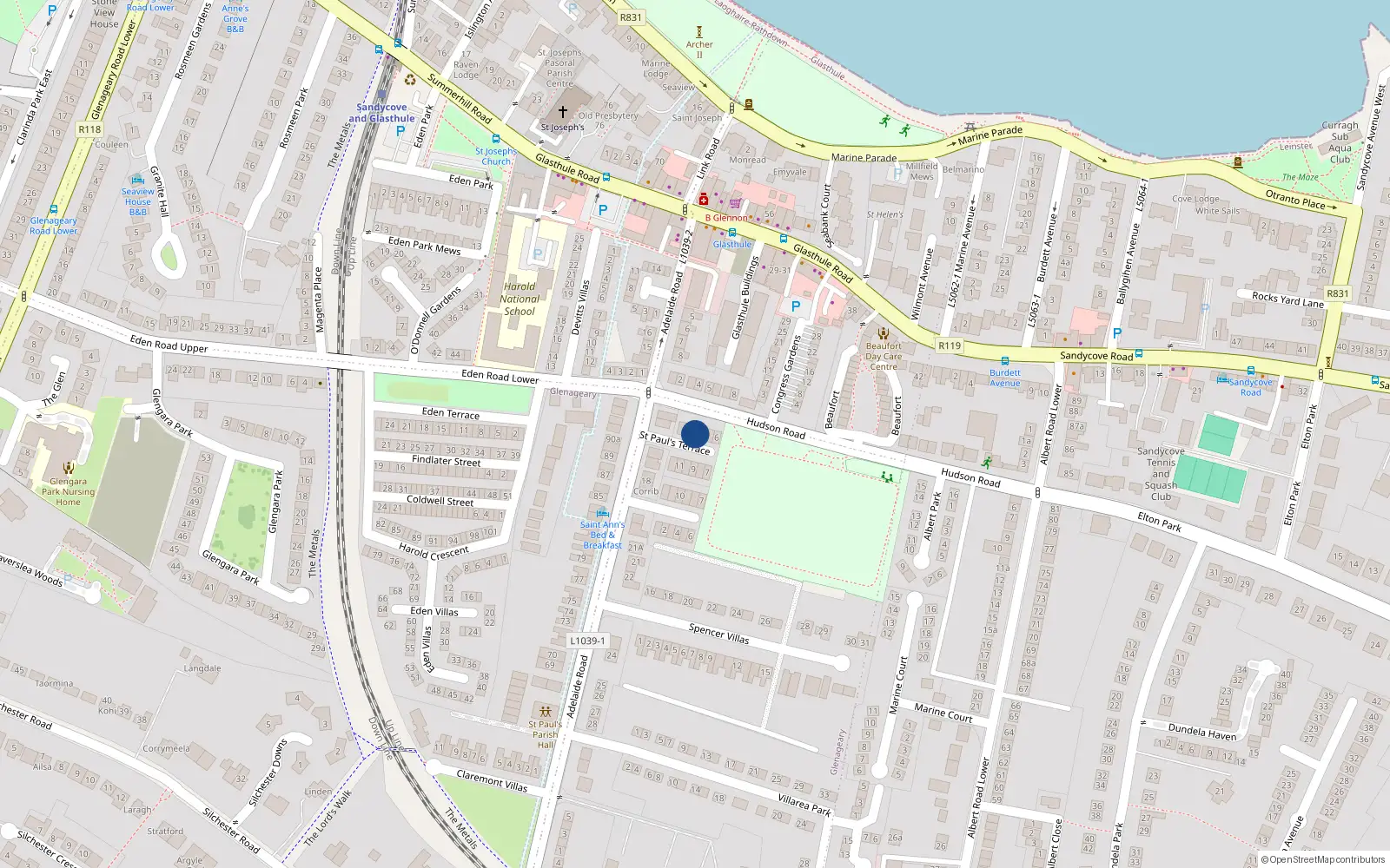 Overhead map showing the location of 3 St Pauls Terrace, Adelaide Road, Glenageary