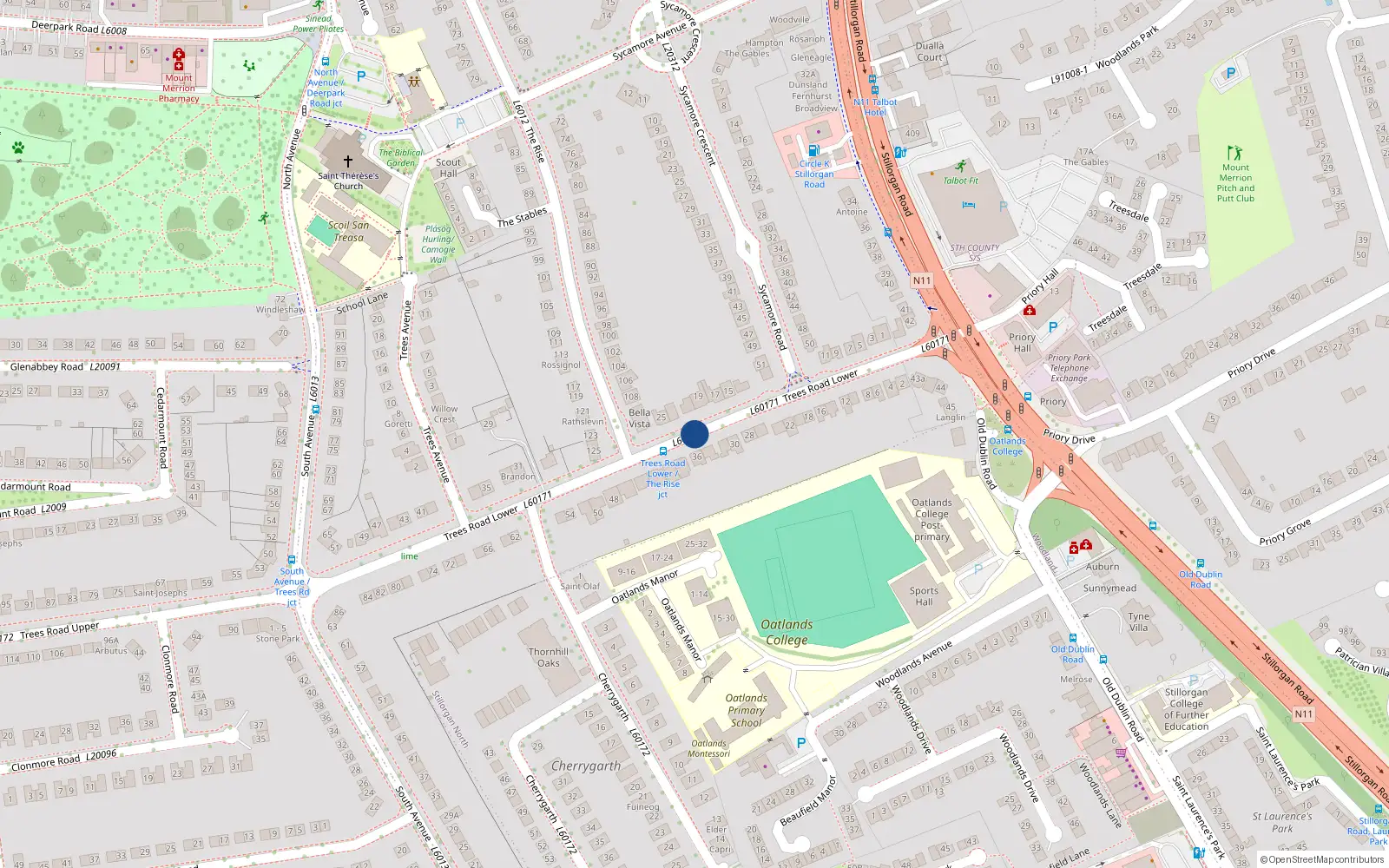 Overhead map showing the location of 3 Stone Park, Trees Road, Mount Merrion