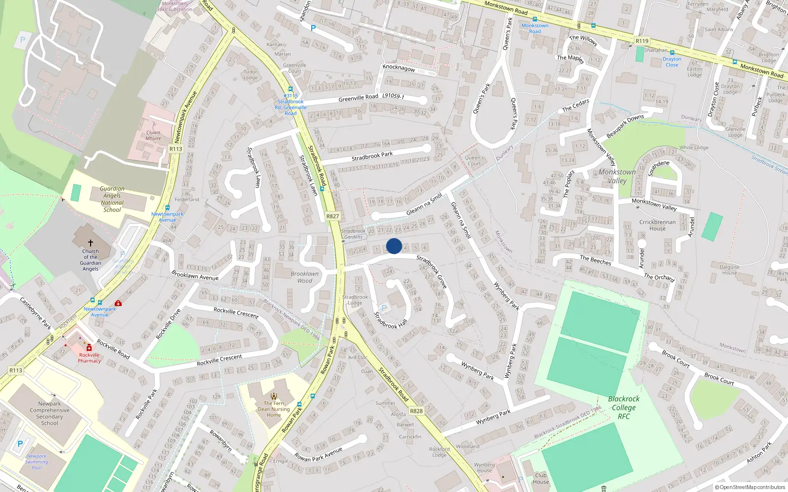 Overhead map showing the location of 3 Stradbrook Grove, Blackrock, Dublin