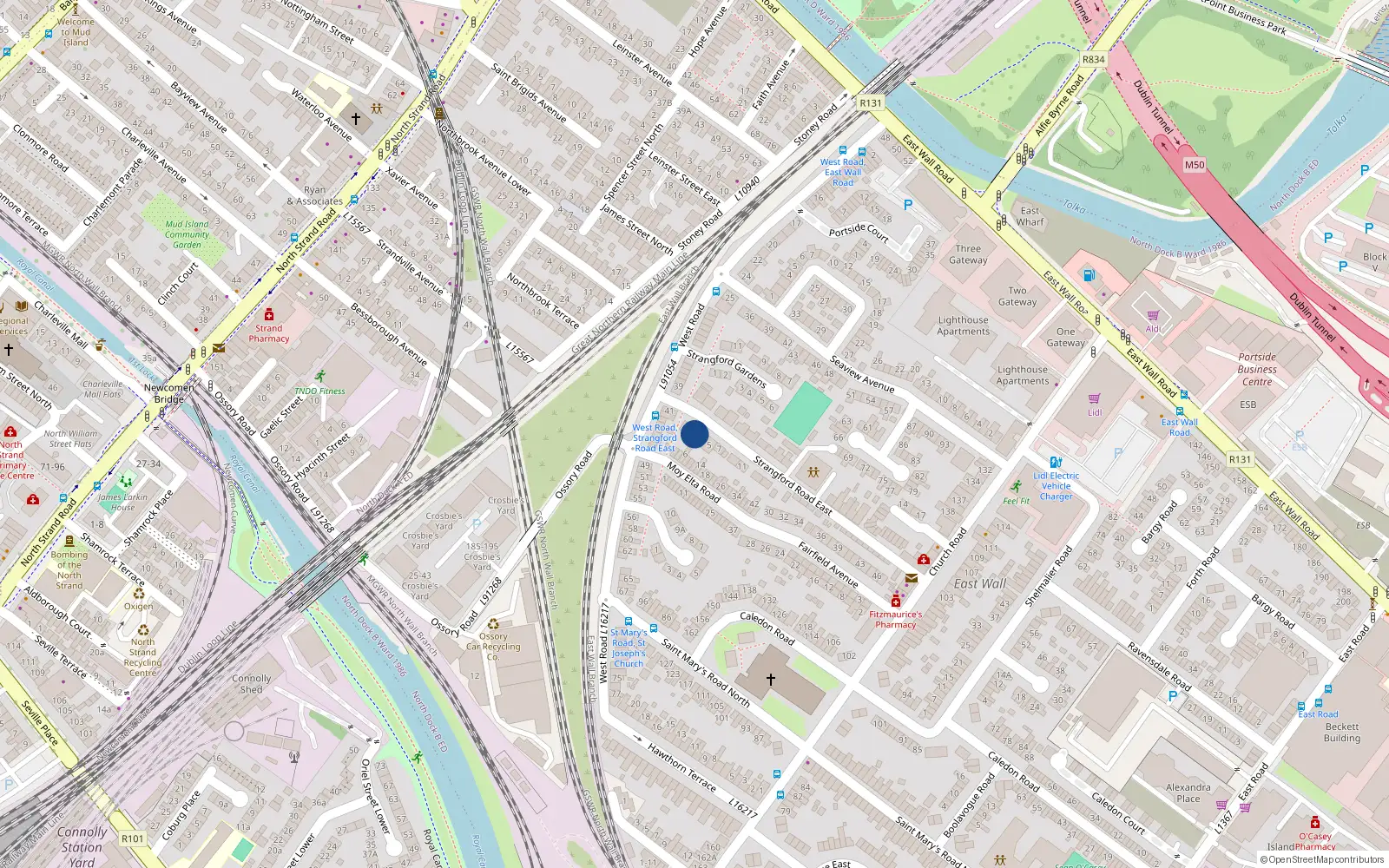 Overhead map showing the location of 3 Strangford Road, East Wall, Dublin 3