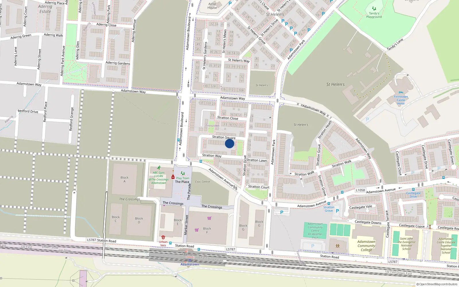 Overhead map showing the location of 3 Stratton Square, Adamstown Square, Adamstown