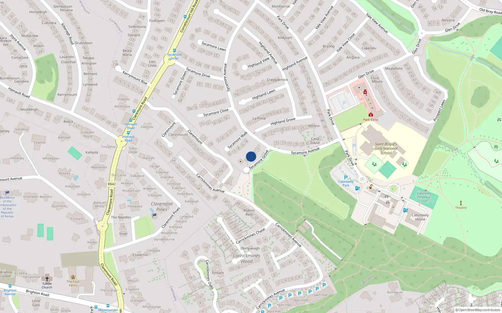 Overhead map showing the location of 3 Sycamore Grove, Dublin 18