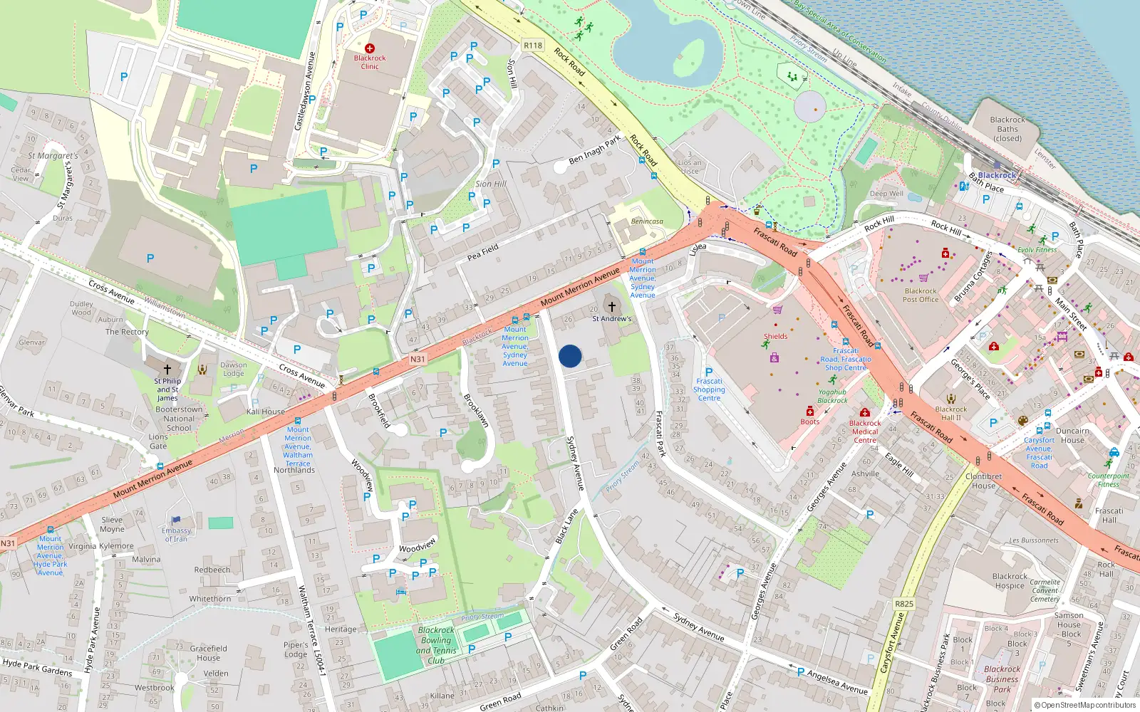 Overhead map showing the location of 3 Sydney Mews, Blackrock