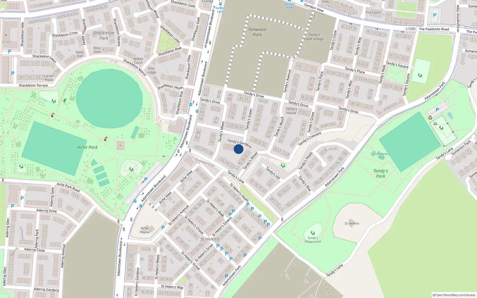 Overhead map showing the location of 3 Tandy's Gardens, Adamstown, Lucan