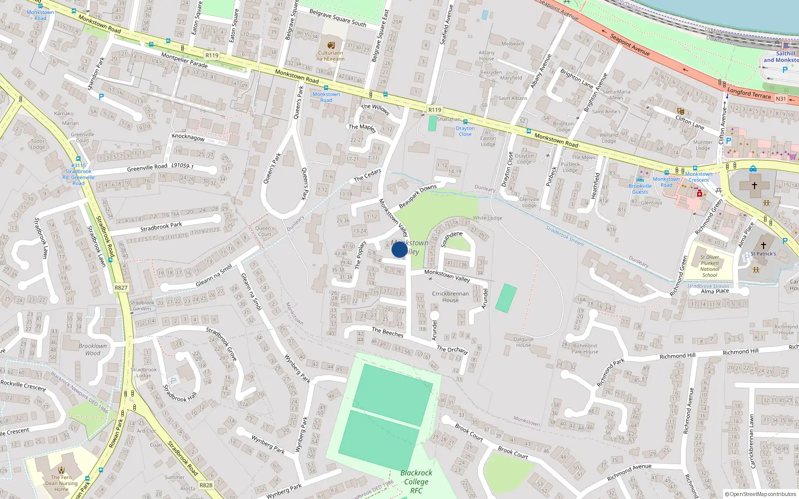 Overhead map showing the location of 3 The Beeches, Monkstown