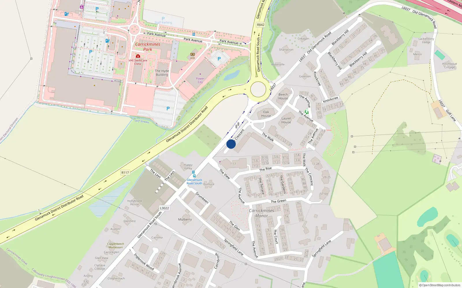 Overhead map showing the location of 3 The Crescent Carrickmines Green, Carrickmines