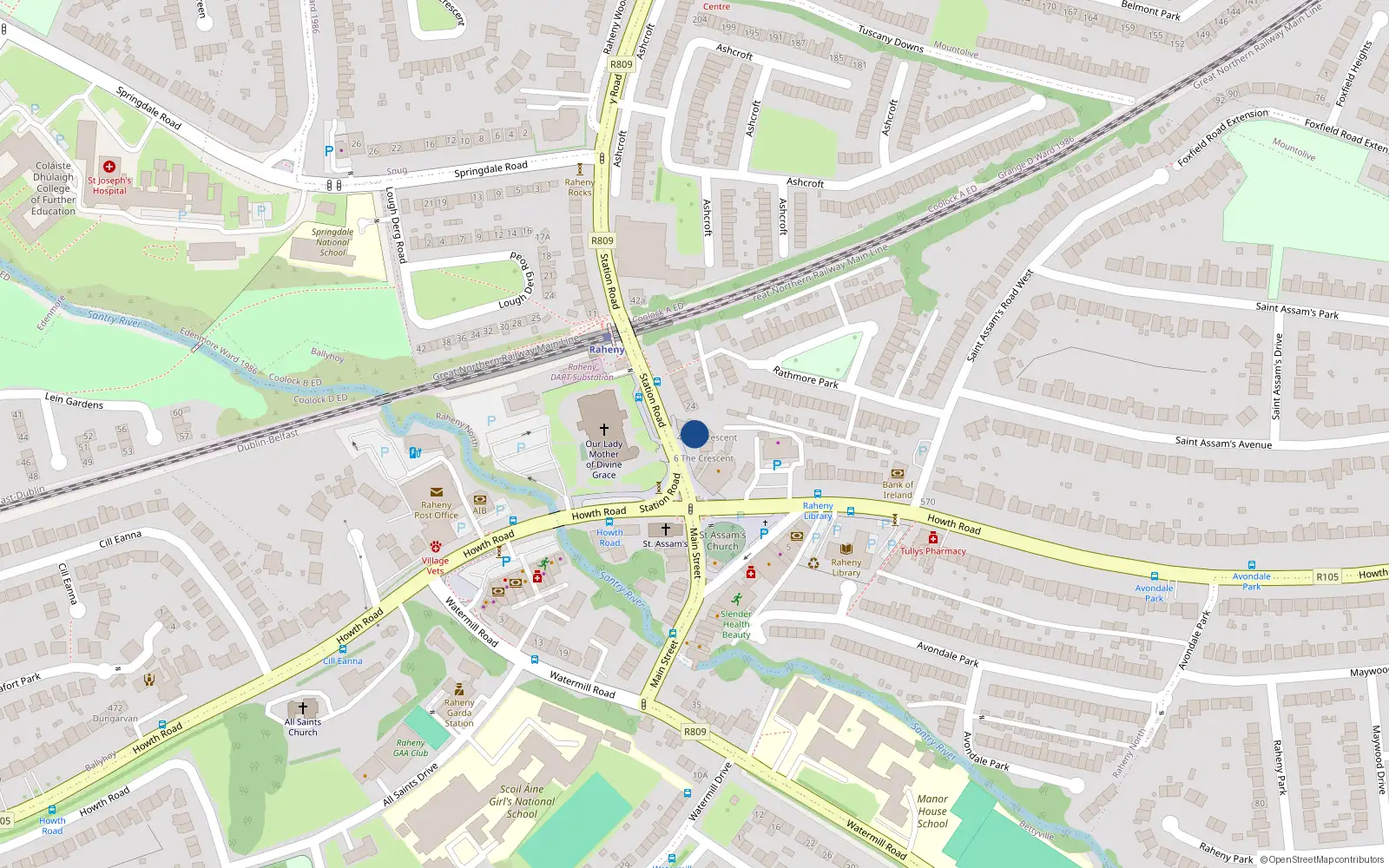 Overhead map showing the location of 3 the Crescent, Station Road, Raheny