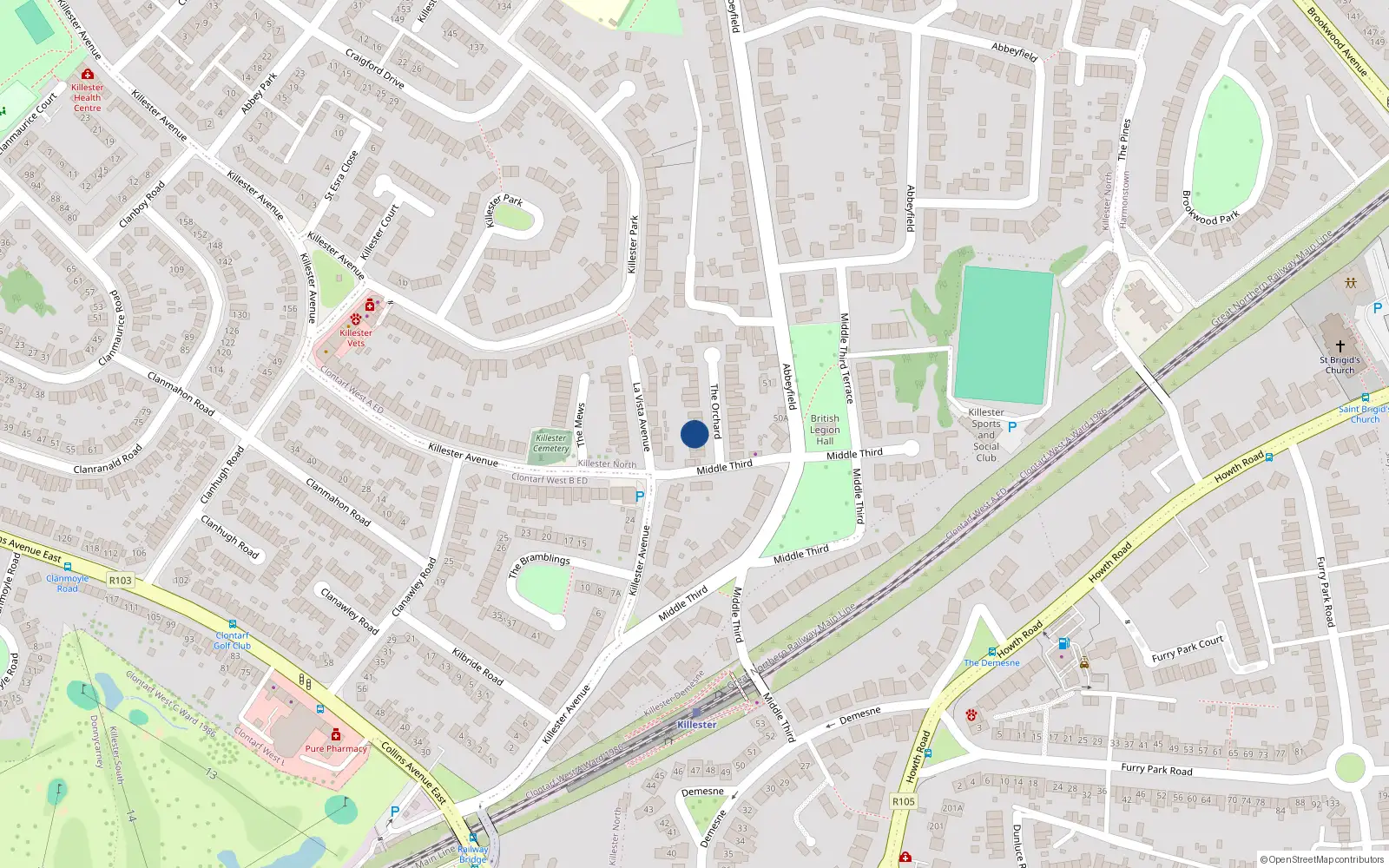Overhead map showing the location of 3 The Orchard, Dublin 5