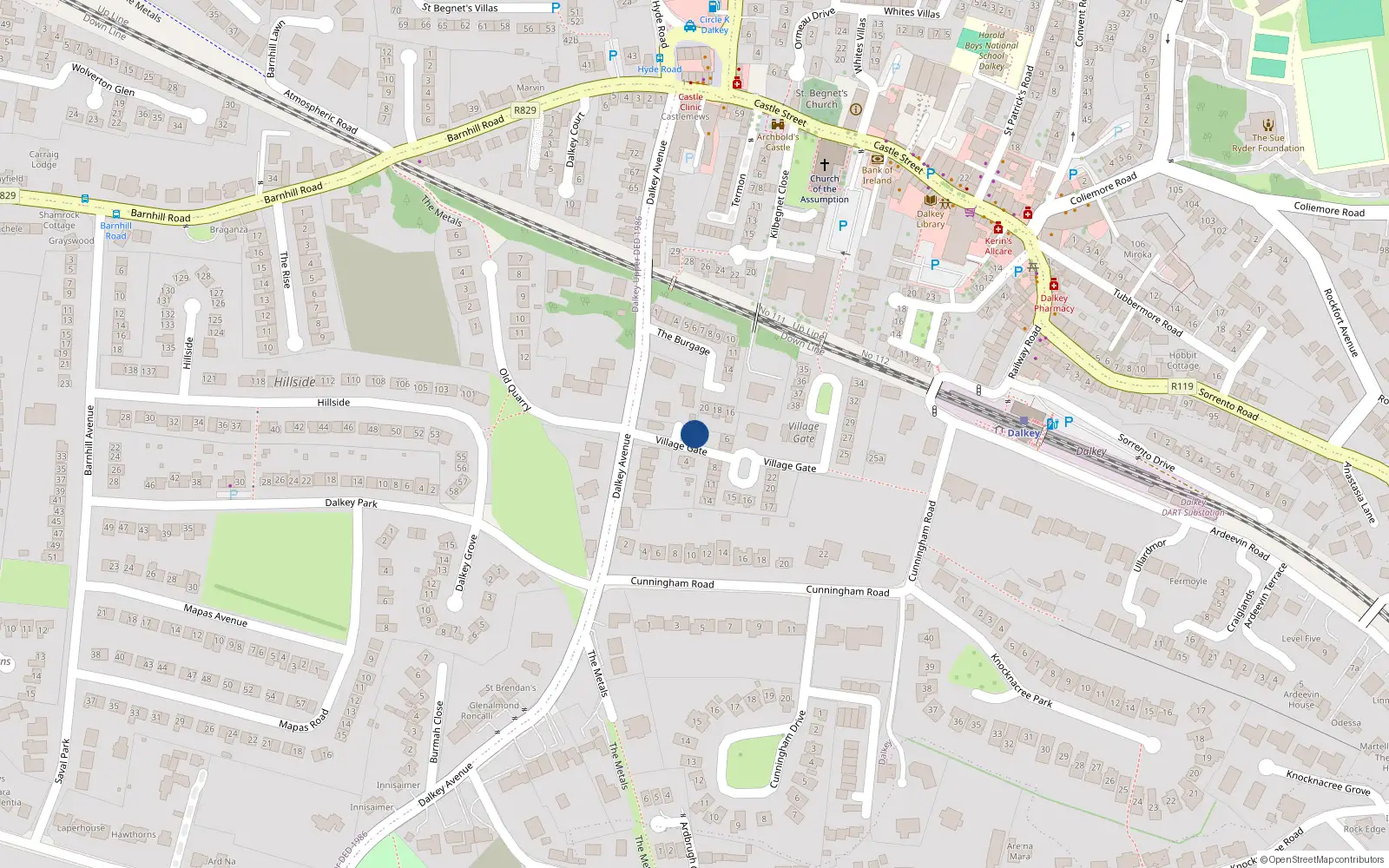 Overhead map showing the location of 3 the Vilage Gate, Dalkey Avenue, Dalkey