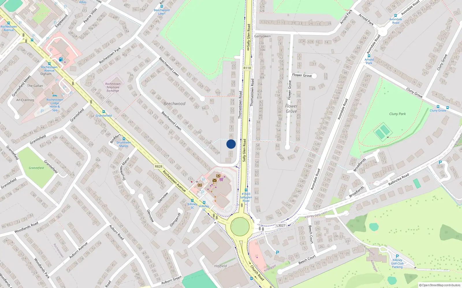 Overhead map showing the location of 3 Thomastown Road, Dublin