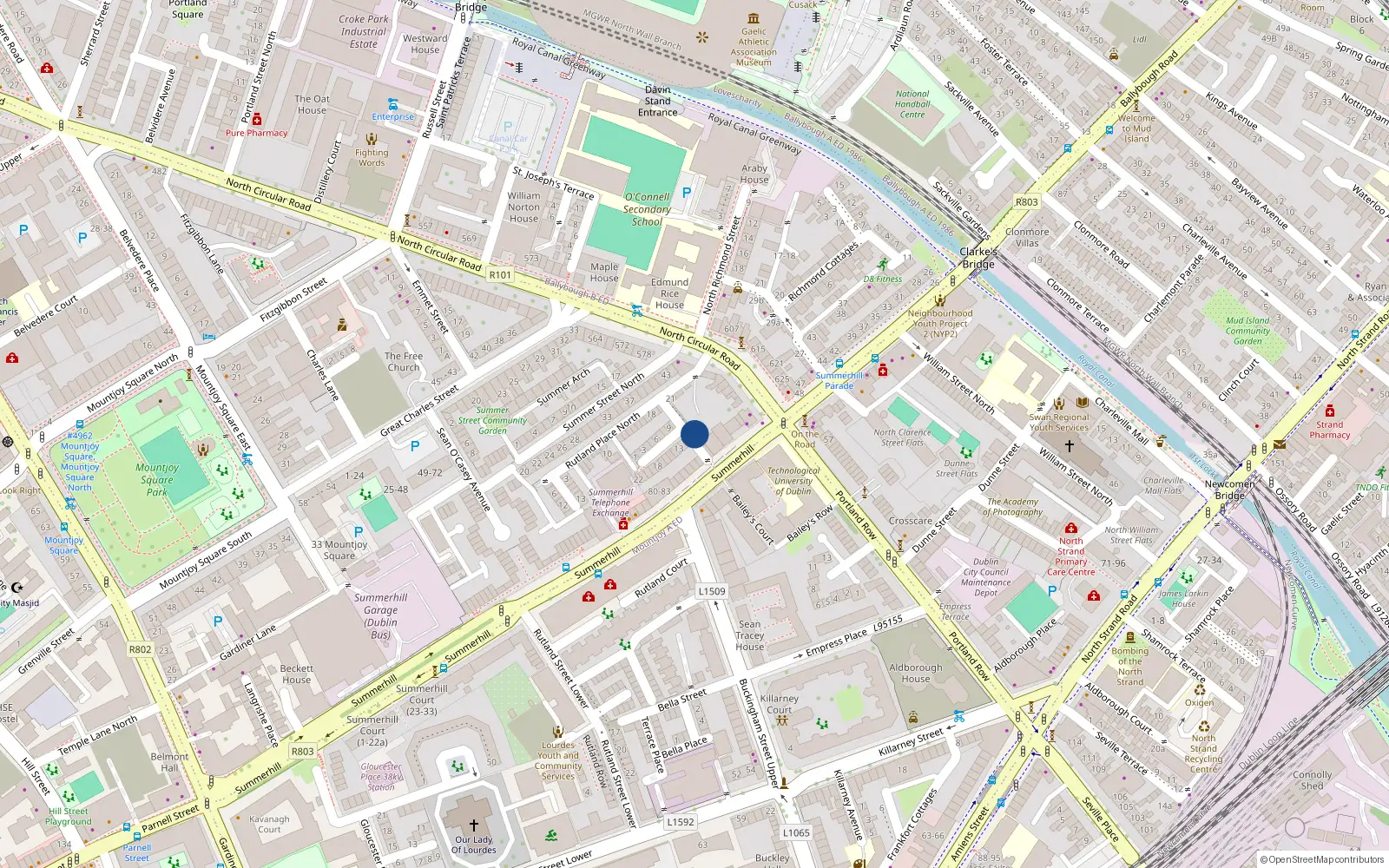 Overhead map showing the location of 3 Thompsons Cottages, Dublin 1