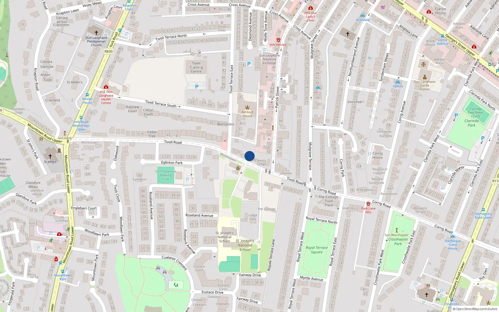 Overhead map showing the location of 3 Tivoli Road, Dún Laoghaire