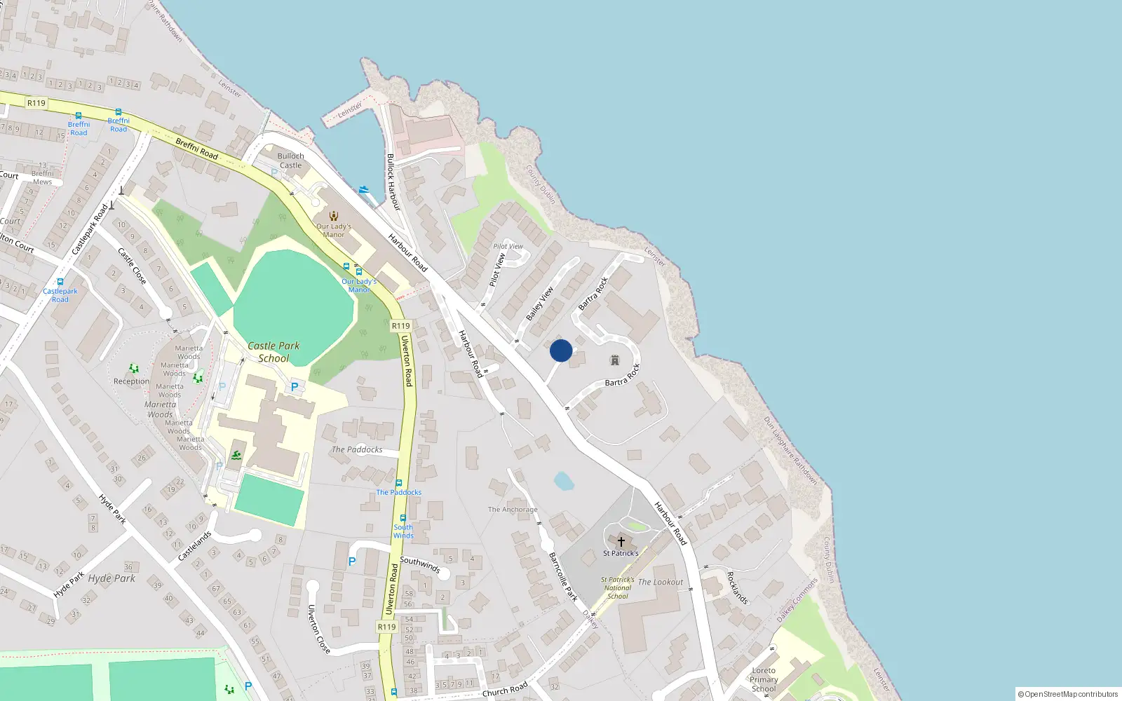 Overhead map showing the location of 3 Tower Hill, Harbour Road, Dalkey