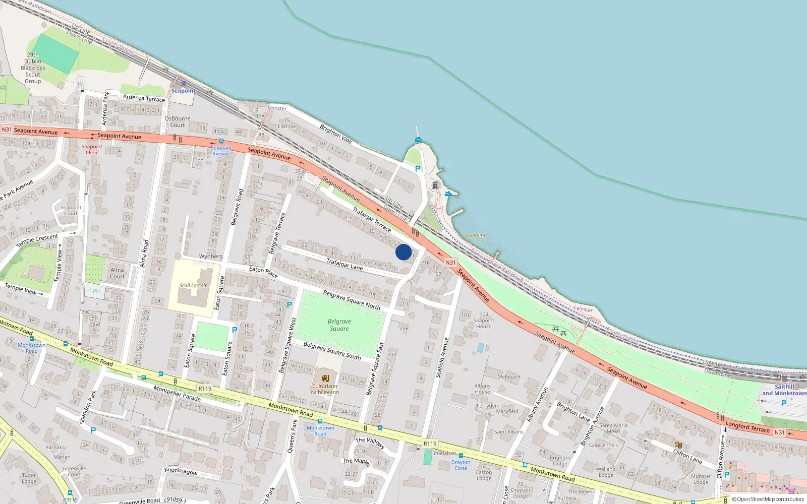 Overhead map showing the location of 3 Trafalgar Terrace, Blackrock