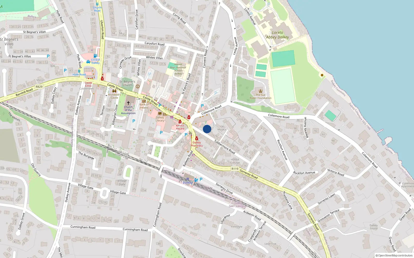 Overhead map showing the location of 3 Tubbermore Road, Dalkey, Co Dublin