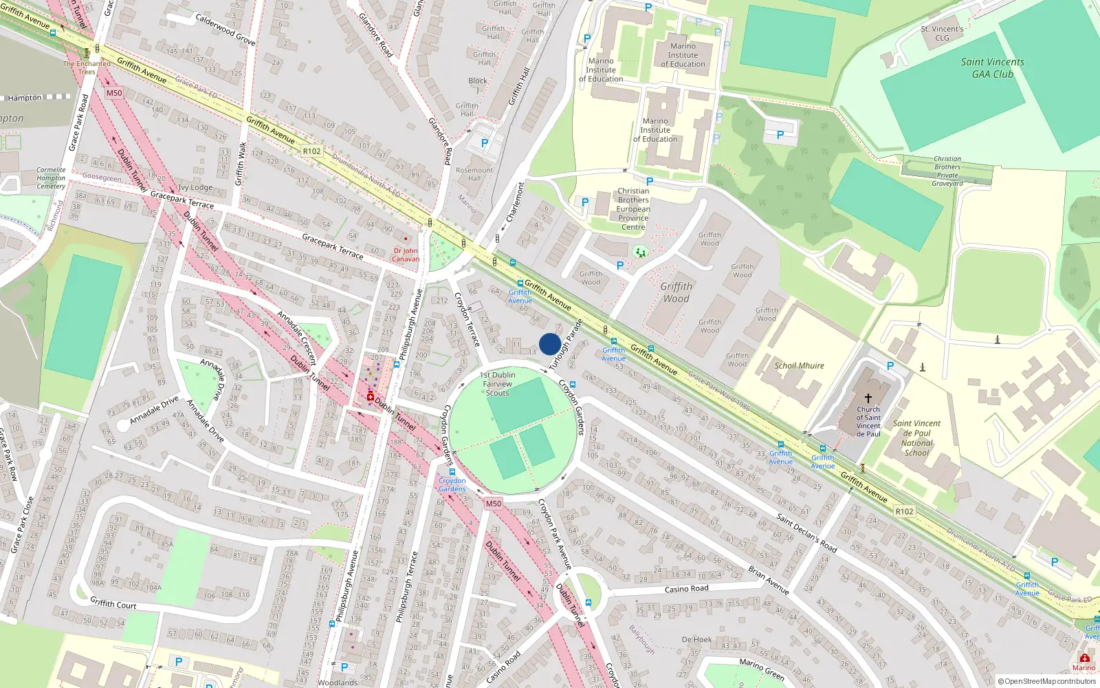 Overhead map showing the location of 3 Turlough Parade, Marino, Dublin 3
