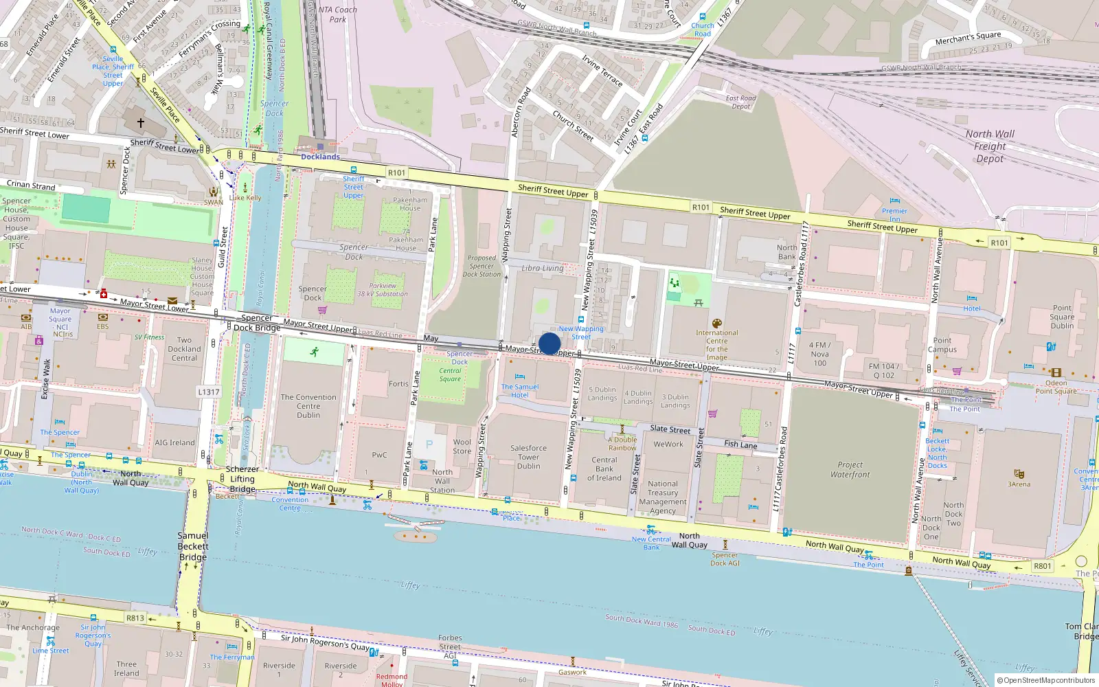 Overhead map showing the location of 3 Upper Mayor St, North Wall, Dublin 1