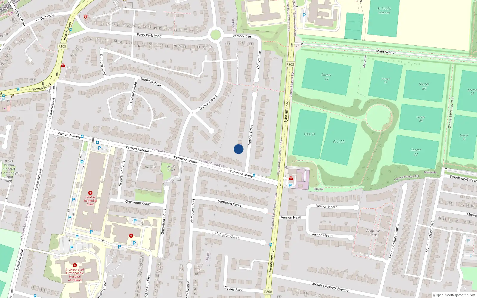 Overhead map showing the location of 3 Vernon Drive, Dublin 3
