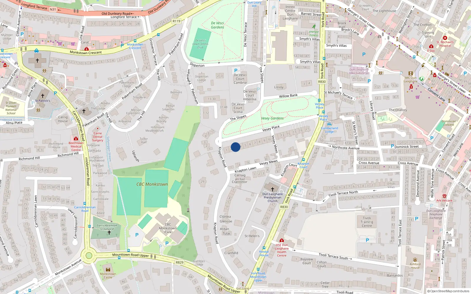 Overhead map showing the location of 3 Vesey Place, Dun Laoghaire